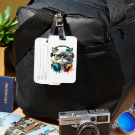 Cute Cat Wearing Glass and Headset Luggage Tag Bagagebricka