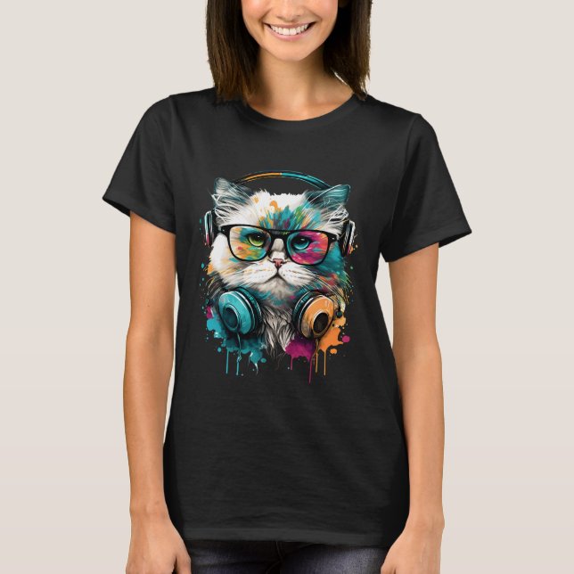 Cute Cat Wearing Glass & Headset T Shirt (Framsida)