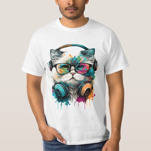 Cute Cat Wearing Glass & Headset T Shirt (Framsida)