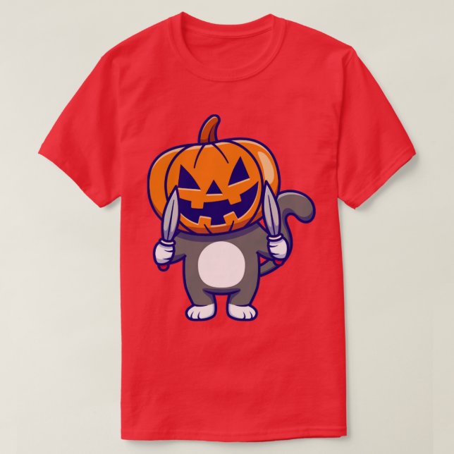 Cute Cat Wearing Pumpkin Halloween med Knivar Cart T Shirt (Design framsida)