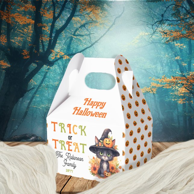 Cute Cat Witch Hat Bus eller godis Halloween Presentaskar (Cute Black Cat in a Witches Hat "Trick or Treat" "Happy Halloween" Treat Favor Boxes)