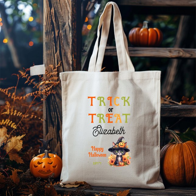 Cute Cat Witch Hat Bus eller godis Halloween Tygkasse (Cute Cat in a Witch Hat Trick or Treat Halloween Tote Bag)