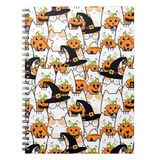 Cute Cat Witch Holding Bumkin Halloween Anteckningsbok (Framsidan)