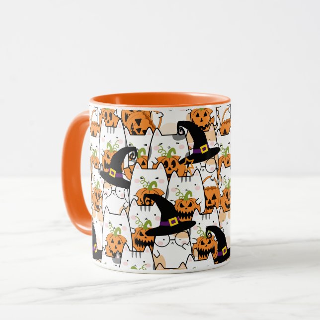 Cute Cat Witch Holding Bumkin Halloween Mugg (Framsida vänster)
