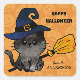 Cute Cat Witch och Broom Halloween Fyrkantigt Klistermärke