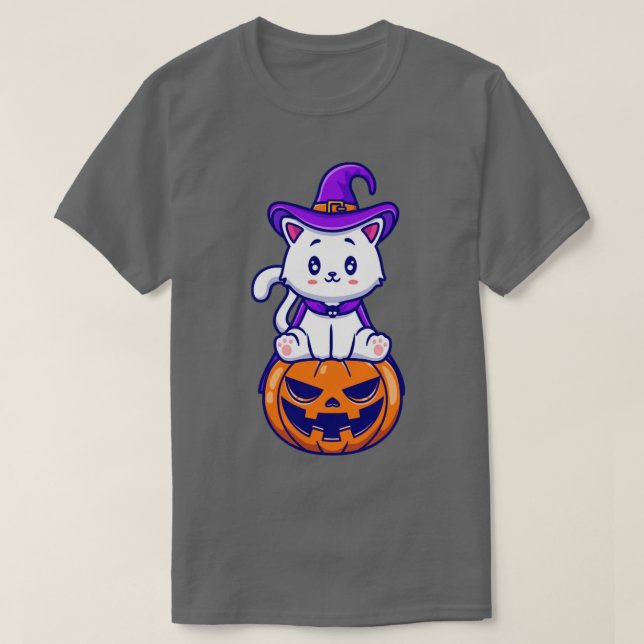 Cute Cat Witch Sitta på Pumpkin Tecknad T Shirt (Design framsida)