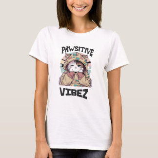 Cute Cat with a Hoodie: 'PAWSITIVE VIBEZ design T Shirt