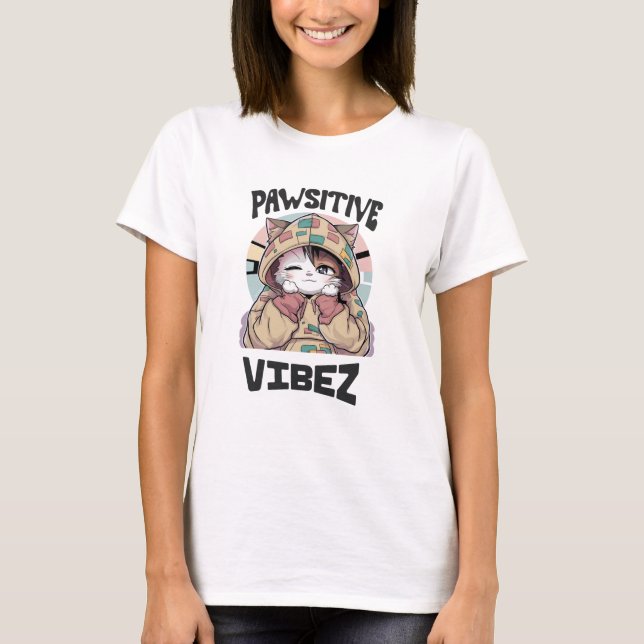 Cute Cat with a Hoodie: 'PAWSITIVE VIBEZ design T Shirt (Framsida)