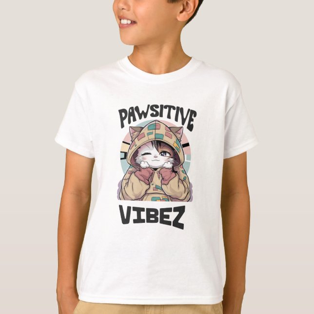 Cute Cat with a Hoodie: 'PAWSITIVE VIBEZ design T Shirt (Framsida)