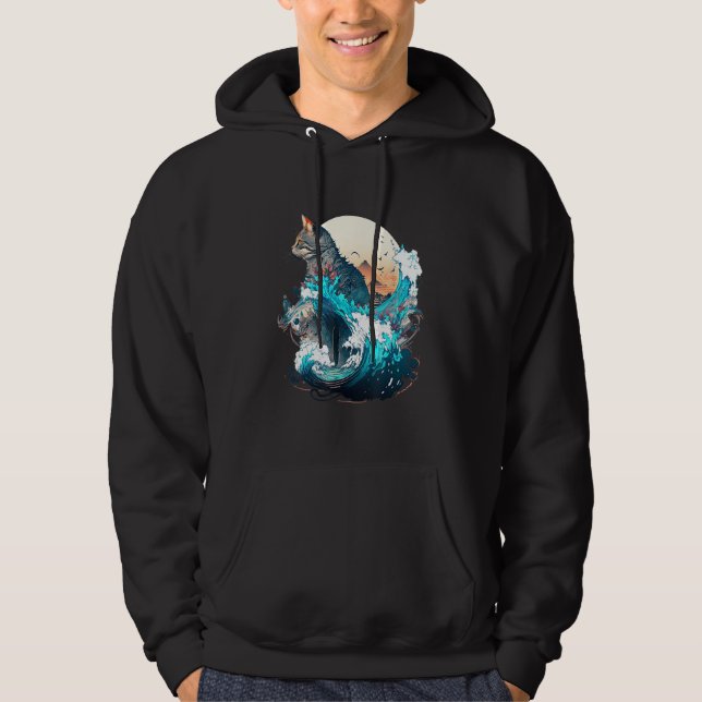 Cute Cat with a ocaen wave Illustration 1 Hoodie (Framsida)