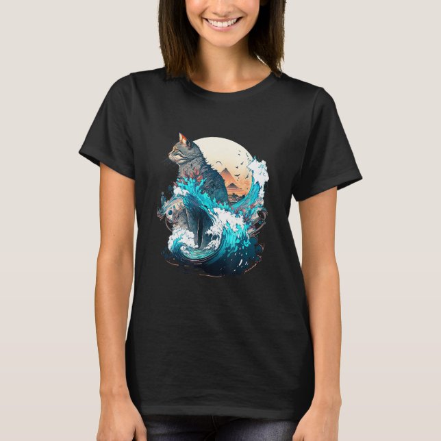 Cute Cat with a ocaen wave Illustration 1 T Shirt (Framsida)