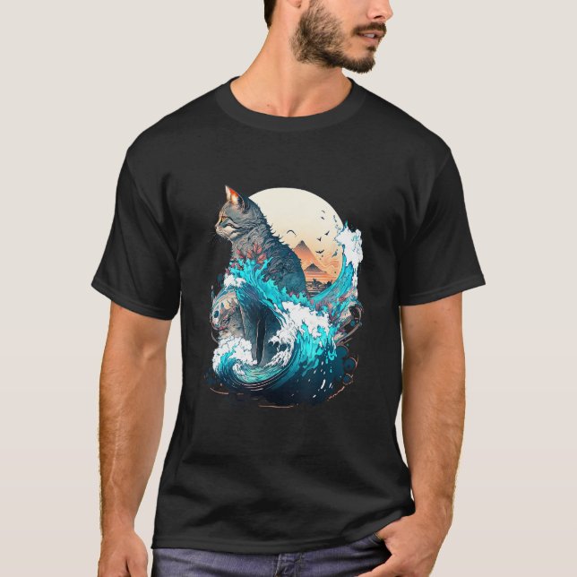 Cute Cat with a ocaen wave Illustration 1 T Shirt (Framsida)