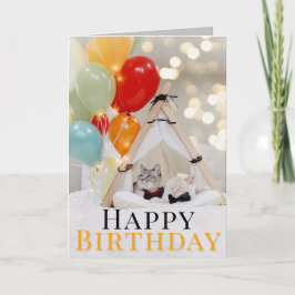 Cute Cat with Balloth Birthday Greeting Card Kort