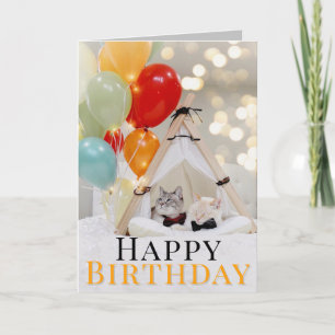 Cute Cat with Balloth Birthday Greeting Card Kort