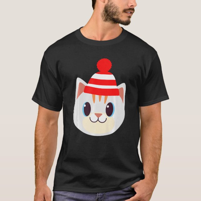 Cute Cat with Beanie Beany Warm Wool Hat Winter Sn T Shirt (Framsida)