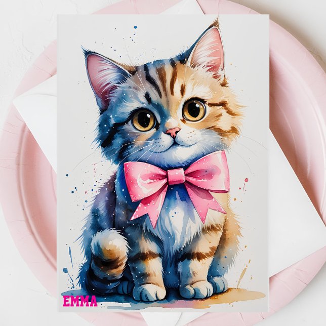 Cute cat with bow grattis på födelsedagen inbjudningar (Skapare uppladdad)