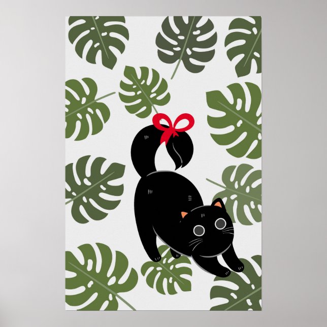 Cute Cat With Bow Monstera Leaves Poster (Framsidan)