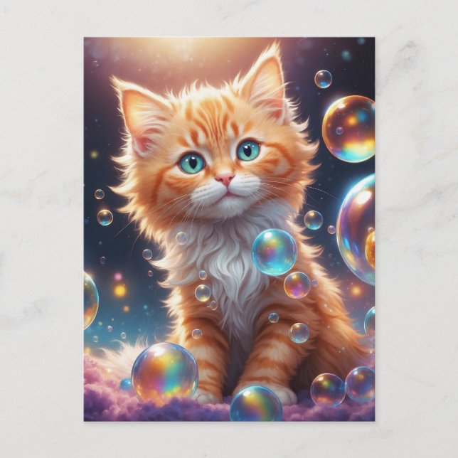 Cute Cat with Bubbles AI Generated Vykort (Framsida)