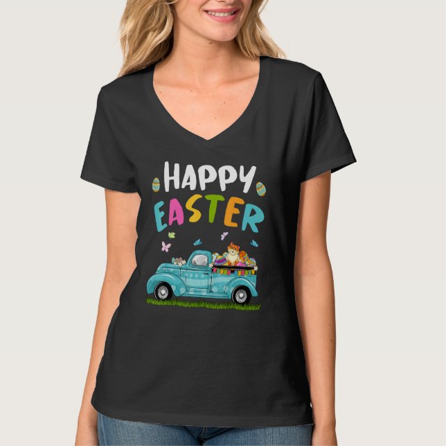 Cute Cat with Bunny Öron Egg Hunting Lastbil Påsk T Shirt (Framsida)