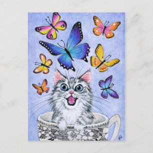 Cute Cat with Butterflies, Tea Kopp-vykort Vykort
