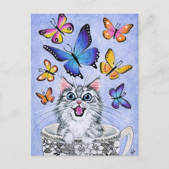 Cute Cat with Butterflies, Tea Kopp-vykort Vykort (Framsida)