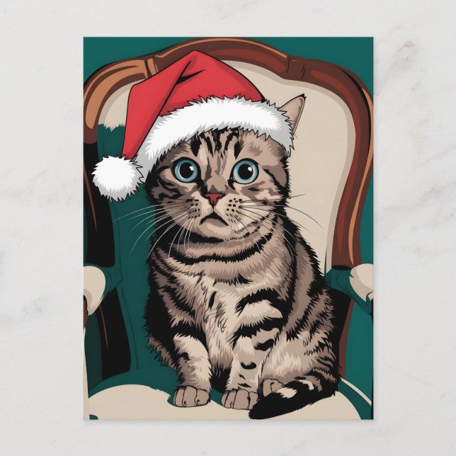Cute cat with christmas hat helg vykort (Framsida)