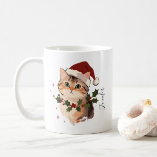 Cute Cat with Christmas hat Personalized Name Kaffemugg