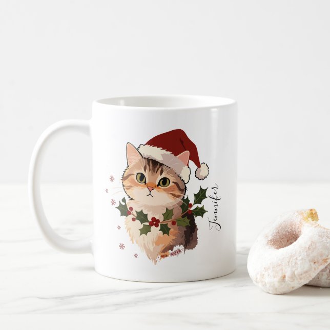 Cute Cat with Christmas hat Personalized Name Kaffemugg (Med munk)