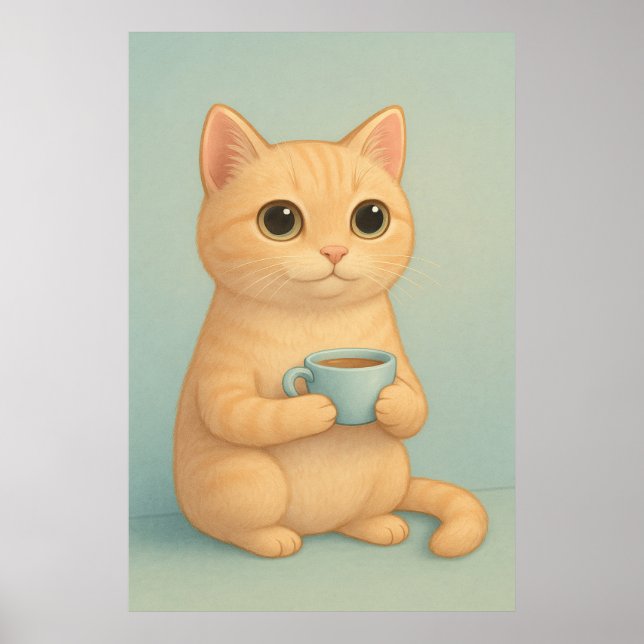 Cute Cat with Coffee Cup – Adorable Pastel Animal Poster (Framsidan)