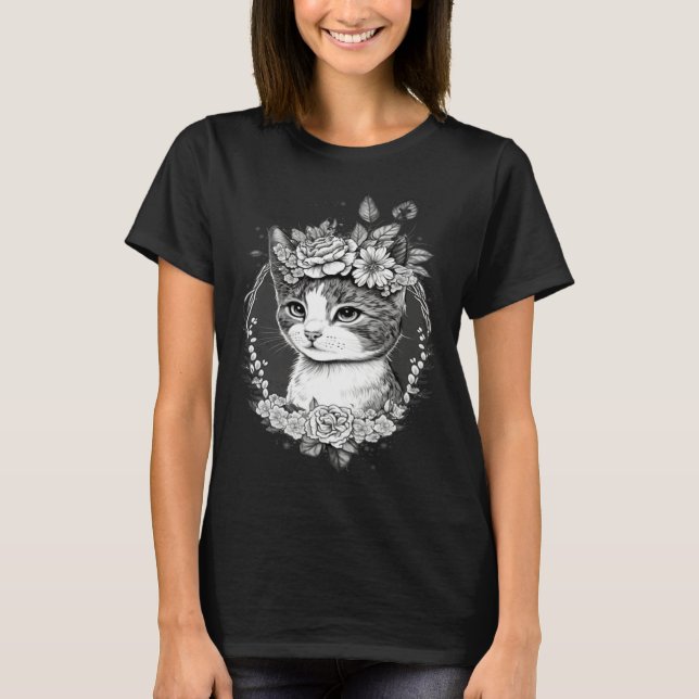 Cute Cat with Floral Headband Cat Mom T Shirt (Framsida)