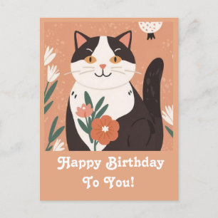 Cute Cat with Flowers Grattis på födelsedagen Pers Helg Vykort