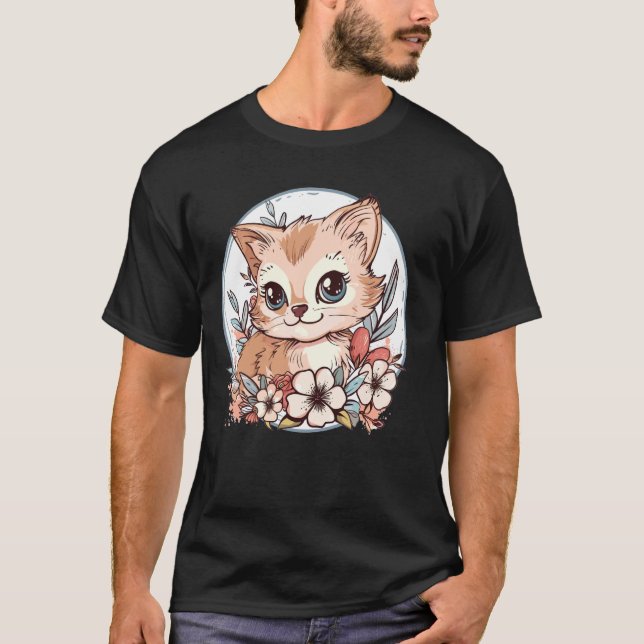 Cute Cat with Flowers I Cat 1 T Shirt (Framsida)