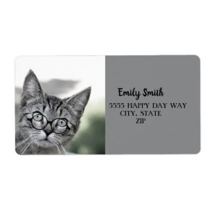 Cute Cat with Glass Grått Address Label Fraktsedel