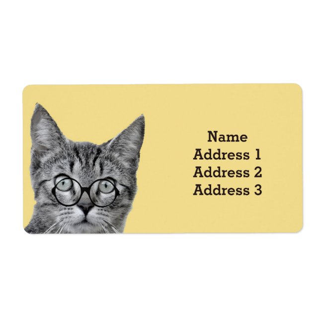 Cute Cat with Glass on Gult Address Label Fraktsedel (Framsidan)