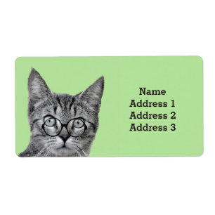 Cute Cat with Glass on Ljust grönt Address Label Fraktsedel