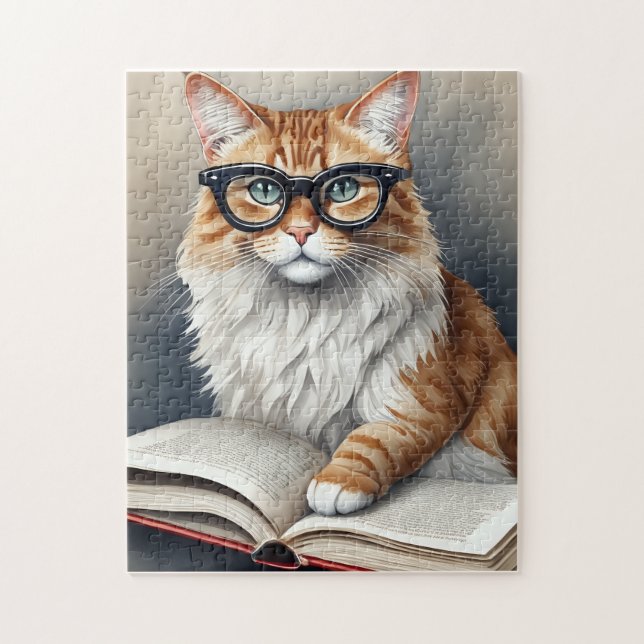 Cute Cat with Glass Reading a Bok Pussel (Vertikal)