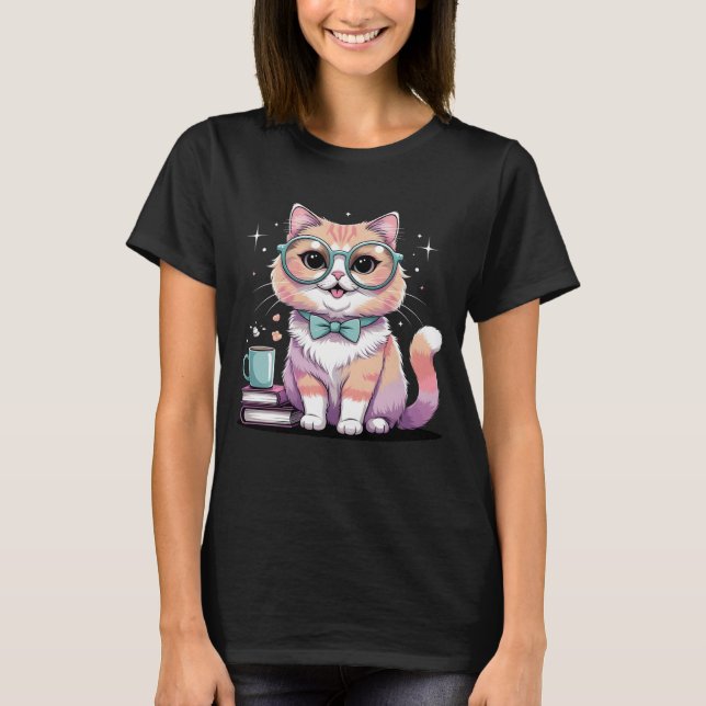 Cute Cat with Glasses - Kawaii Nerdy Kattunge T Shirt (Framsida)