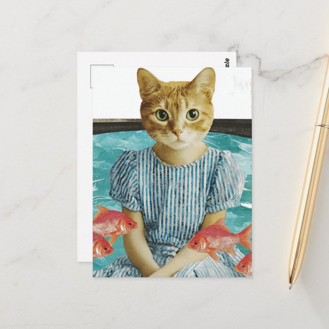 Cute Cat With Goldfish Retro Collage Vykort (Fram/Back In Situ)