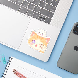 Cute Cat with Hamster on Head - OK Sign Sticker Klistermärken