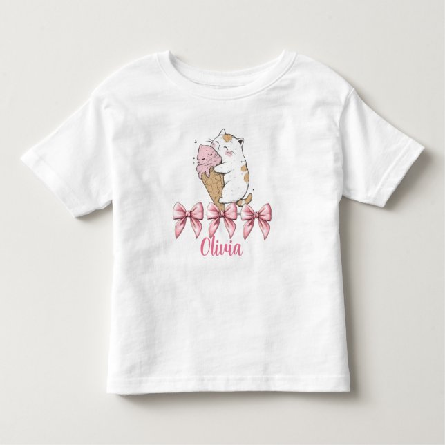 Cute Cat with Ice Cream and bow Småbarn T-Shirt (Framsida)