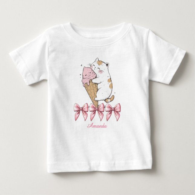 Cute Cat with Ice Cream and namn T-Shirt (Framsida)