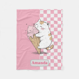 Cute Cat with Ice Cream Cone Fleece Blanket