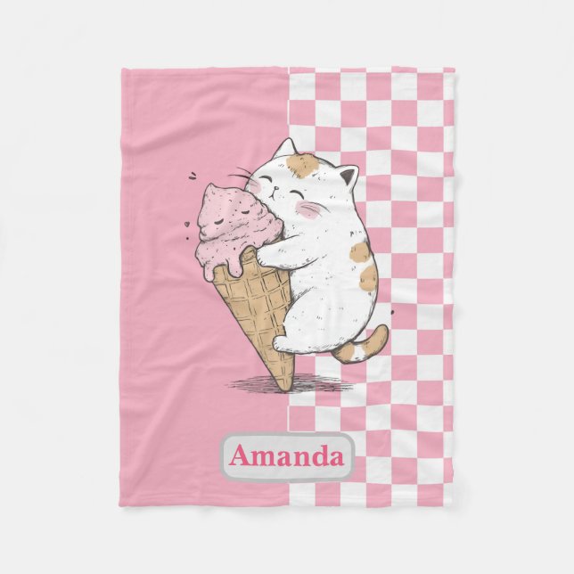 Cute Cat with Ice Cream Cone Fleece Blanket (Framsidan)