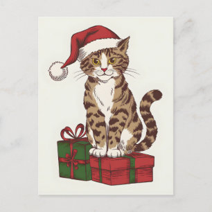Cute cat with jultomtarna hat with present helg vykort