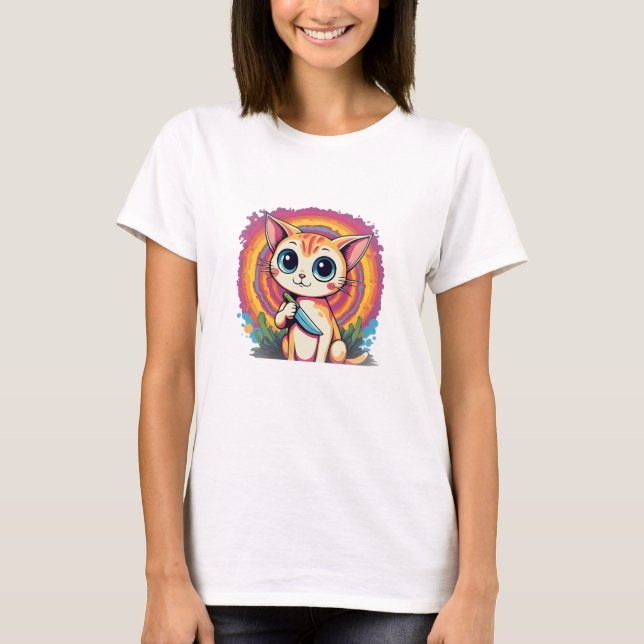 Cute Cat With Knife – “What?” Funny T-Shirt (Framsida)