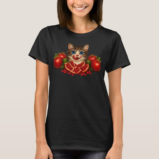 Cute Cat with Pomegranates Illustration T Shirt (Framsida)