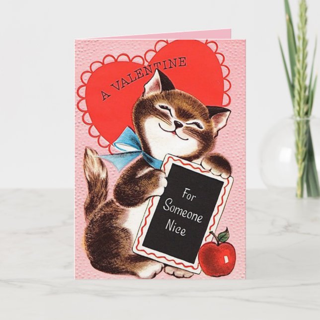 Cute Cat with Red Heart Valentine Day Card Helgkort (Framsida)