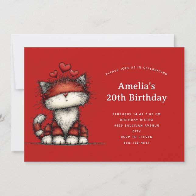 Cute Cat with Red Love Hearts Birthday Inbjudningar (Framsida)