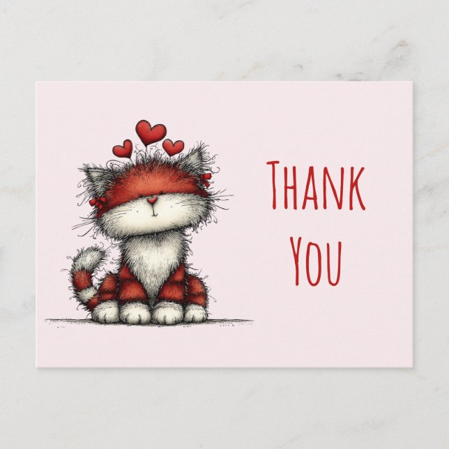 Cute Cat with Red Love Hearts Thank You Vykort (Framsida)