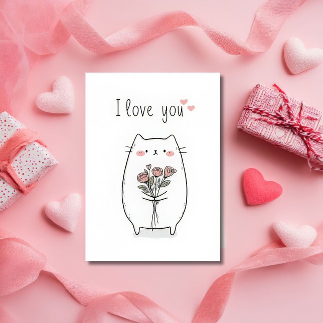 Cute Cat with Roses Valentine`s Day Card  Kort (Skapare uppladdad)